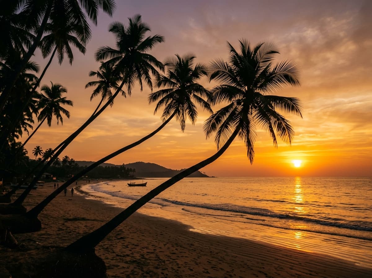 Sunset over Goa palm trees