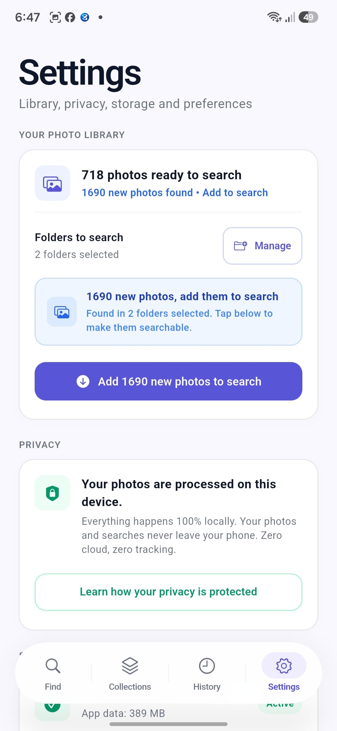 Glimpse privacy and settings screen